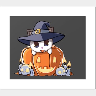 White cat in a pumpkin Posters and Art